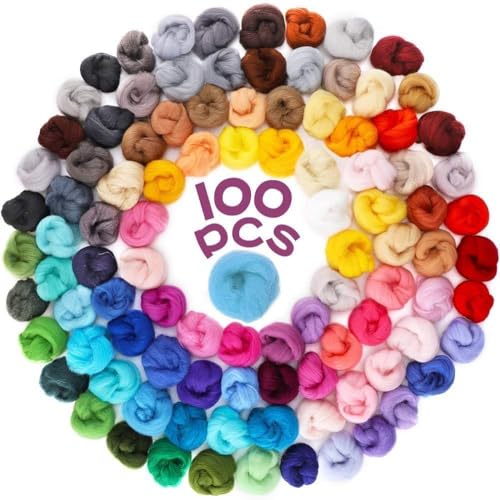 TESIN 100 Farben Filzwolle, Kinder Filzen Starterset, Trockenfilzen und Nassfilzen zum Stricken Spezialwolle, Filznadeln zum Wollfilzen für Anfänger DIY Handwerk Deko von TESIN