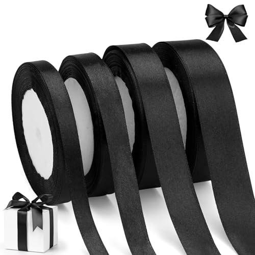 22m x 4 Rollen Satinband Schwarz, Geschenkband Schwarz 10/15/20/25 mm, Schleifenband Schwarz Stoff, Polyester Satinband, Geschenkbänder für Taufe, Geburtstag Deko, Geschenkverpackung von TESSTSY