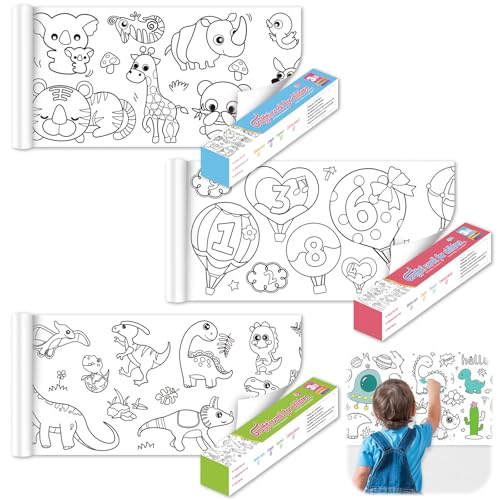 3 Rollen Malrolle für Kinder Zum Ausmalen 30cm x 3m Kinder Malrolle Ausmalen, Selbstklebende Ausmalrolle für Kinder Zeichenpapier, Verschiedene Themen (Tierwelt,Dinosaurierparadies,Zahlenverständnis) von TESSTSY