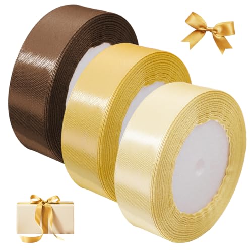 3 Stück satinband 2.5cm X 22m Geschenkband Gold, schleifenband gold für Geschenkverpackungen, Heimwerkerarbeiten, Blumensträuße, Nähprojekte, Hochzeitsdekorationen, Tischdekorationen von TESSTSY