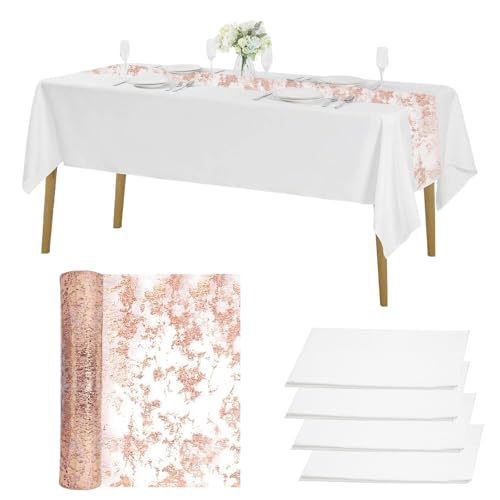 4 Stück Einweg Tischdecke Weiß 137 x 274 cm mit Tischläufer Rosegold 28 cm x 10 m, Wasserdicht Geburtstag Tischdecken, Kunststoff Tischdecken Rechteckig, für Hochzeit, Party, Weihnachten von TESSTSY