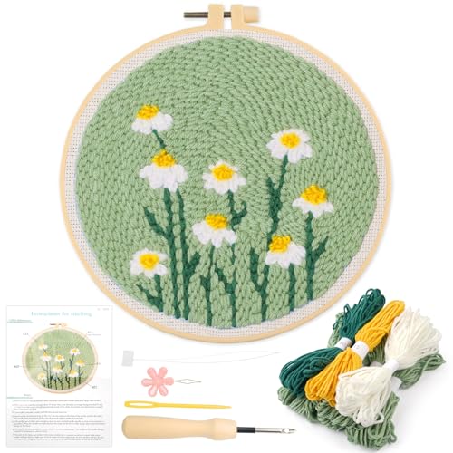 Punch Needle Blumen Stickerei Set Anfänger für Anfänger, Starter Stanznadelstoff Muster Embroidery Set, Stickset Erwachsene, Cross Stitch Kit mit Stickrahmen, Anleitung und Werkzeuge für DIY Kunst von TESSTSY