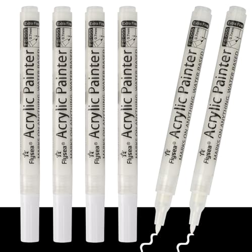 TESSTSY 6 Stück Weißer Permanent Marker Stifte, Textilstift Weiß Waschfest Deckend, Textilmarker Acrylstift Weiß Wasserfest für Steine Holz Metall Glas Leinwand Papier Leder Keramik DIY Zeichnung von TESSTSY