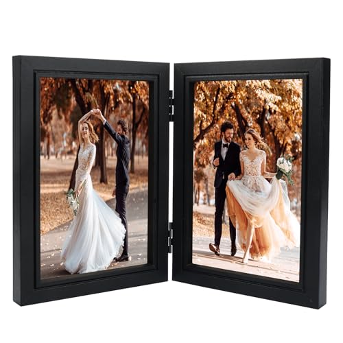 TESSTSY Doppelter Bilderrahmen Faltbar 2 Fotos, 10x15 cm Klappbarer Bilderrahmen Aus Holz, Klappbarer Fotorahmen mit Glasscheibe Bilderrahmen, für Hochzeit, Familie von TESSTSY