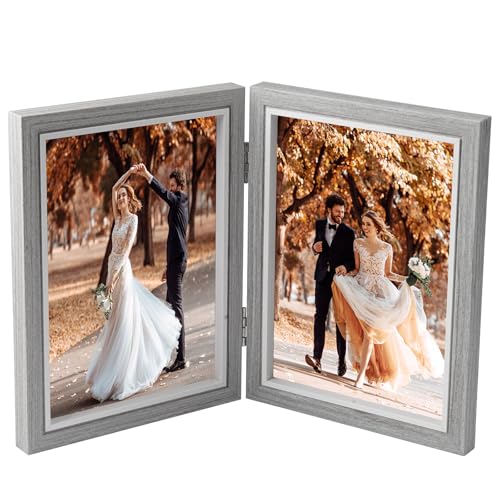 TESSTSY Doppelter Bilderrahmen Faltbar 2 Fotos, 13x18 cm Klappbarer Bilderrahmen Aus Holz, Klappbarer Fotorahmen mit Glasscheibe Bilderrahmen, für Hochzeit, Familie (Grau) von TESSTSY