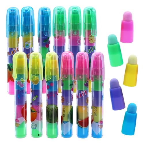 TETEWEVER 12 Stück Stift Stil Radiergummi, Radiergummis Kinder Set in Obst Stil, Austauschbaren Bunte Gummis Stapelbare Radierstift für Kinder Künstler Schulsachen Bürobedarf, 5 Farben von TETEWEVER