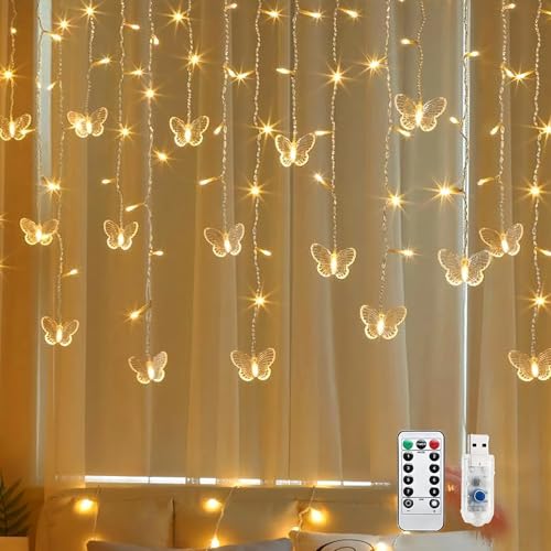 TETSMG Lichtervorhang Schmetterling, 3.5M 96 LED Frühlingsdeko Lichtervorhang Innen, Lichterketten Vorhang USB 8 Modi, Lichterkette Vorhang mit Fernbedienung Timer für Frühling Zimmer Deko (Warmweiß) von TETSMG