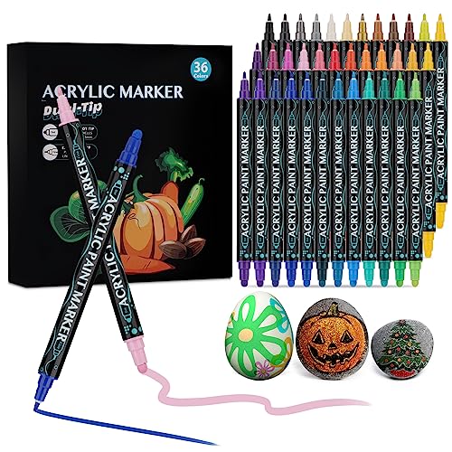 TEVILIK 36 Farben Acrylstifte für Steine mit 1-5mm Doppelspitze, Acrylmarker Permanent Marker Bemalen für Glas Holz Leinwand Papier Zeichnen - Basteln Ostern, Ostergeschenke Kinder (36 Farben-Black) von TEVILIK