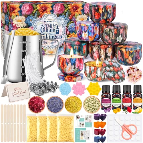 TEWWCEO Kerzenherstellung Kit, DIY Kerzen Selber Machen Set, Duftkerze Geschenke Set, Anfänger Candle Starter Set mit 480g Bienenwachs, 8 Blumenkerzengläser, 8 Liebe Farbblöcke und 4 Kerzenduft... von TEWWCEO