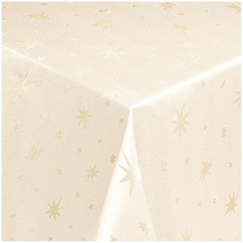 Tischdecke Maßanfertigung Weihnachtstischdecke im Lurex Sterne Design mit Saum, Oval in Creme-Gold - 150x270 cm, weitere Farben, Breiten und Längen sind wählbar von TEXMAXX