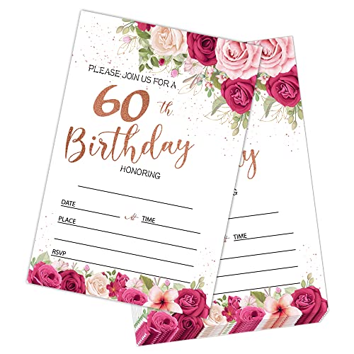 TFCIATE Party-Einladungskarten zum 60. Geburtstag, mit Rosenblumen, 20 doppelseitige Einladungen zum Ausfüllen, mit Umschlägen, Rotgold, 60 Jahre alt, Partyzubehör für Erwachsene, Frauen, Männer – von TFCIATE
