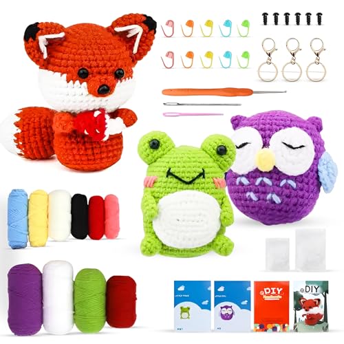 TFE Häkelset für Anfänger Kinder Erwachsene, 3 Muster Tiere, Eule, Fuchs, Frosch, Strickset mit Garnen, Haken, Zubehör, einfach zu erlernende Video-Tutorials von TFE Supply