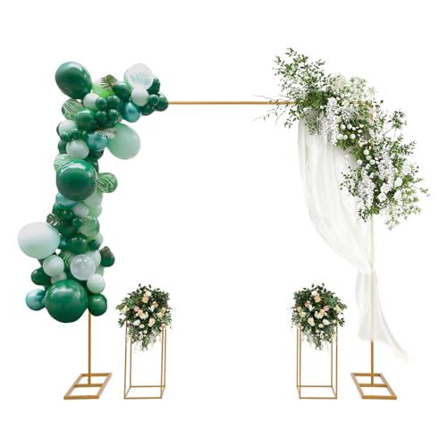 TFIANYNI 2x2M Ballonbogen Ständer Set, Aus Stahl, Mit Flügelmuttern, Quadratischer Hochzeitsbogen Und 2 Blumenständer, Pflanzenständer Für Party Oder Garten (Gold, blumenständer 24x24x60cm) von TFIANYNI