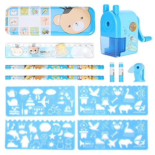 TGBSOG Kinder-Schreibwaren-Set für die Schule, kreatives Malen, Cartoon-Federmäppchen, Anspitzer, Radiergummi, Lineal für Kinder (blue) von TGBSOG