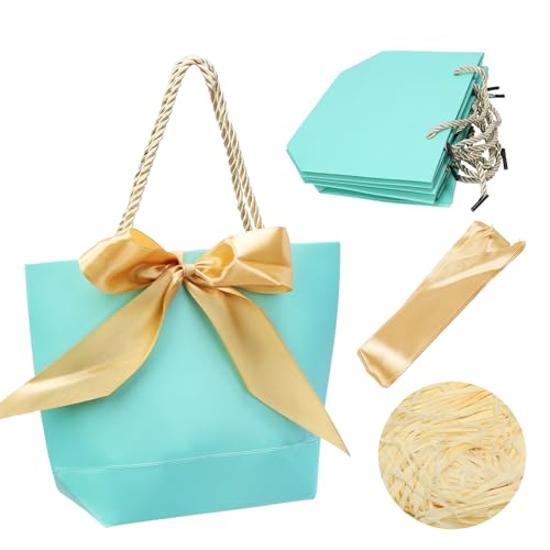 TGFIX 10 Stück Geschenktüten Türkis zur Taufe Papiertüten für Taufe Geschenktaschen mit 10 Bändern und 100g Raffia Geschenk Tüten für Taufe Kindergeburtstag Geburtstag Hochzeit Feier Party von TGFIX