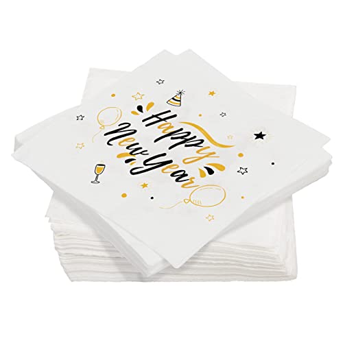 TGFIX 40 Stück Neujahrs Servietten Happy New Year Serviette mit Schwarz & Orange Schriftzug Silvester Papierservietten Tissue für Silvesterparty Deko Tischdekoration (33x33cm) von TGFIX