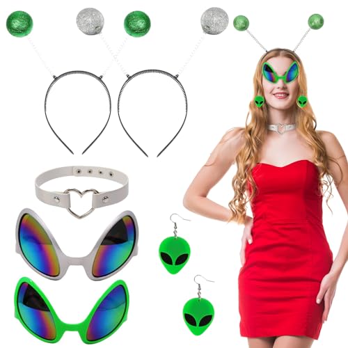 TGFIX 6 Stück Alien Kostüm Halloween Alien Space Kostüm mit Alien Haarreifen Martian Antenne Stirnband Alien Brille Alien Ohrringe Alien Kostüm Zubehör für Erwachsene Kinder Halloween Karneval von TGFIX