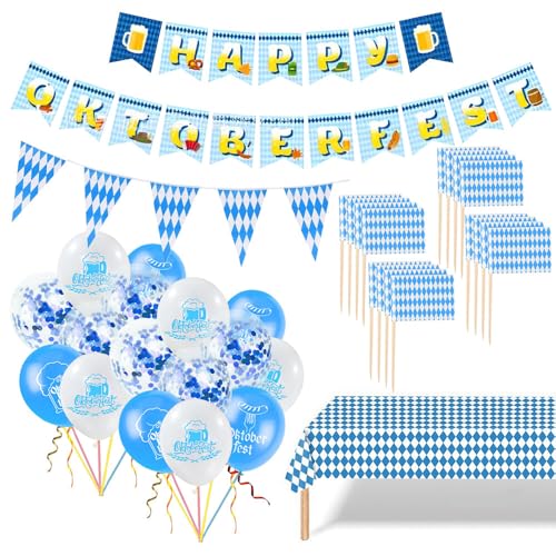 Oktoberfest Deko Set, TGKYK 33 Stücke Bayrische Deko mit Girlande, Luftballons, Flaggen, Tischläufer, Deko Oktoberfest Party, 10M Blau Weiße Oktoberfest Deko Girlande für Oktoberfest Festival von TGKYK