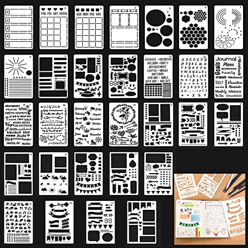 THATSRAD 30 Stück Tagebuch Schablonen Journal Stencils set Bullet Journal Stencil Schablonen Scrapbook Stencil Schablonen Bullet Journal 17.5x10.1CM Malerei Vorlage Zeichenschablonen für DIY Malen von THATSRAD