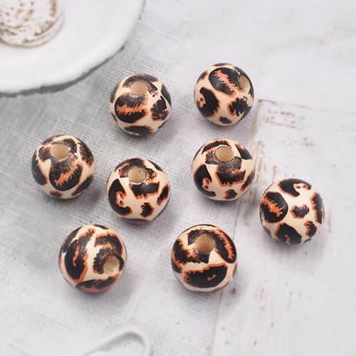 THAYLA 30 Stück Holzperlen mit Tiermotiv, 16 mm, runde Perlen mit Kuh-Leopardenmuster, bunt bemalte lose Abstandsperlen für Erwachsene, DIY-Bastelarbeiten von THAYLA