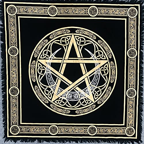 THE ART BOX Altartuch Tarotkarten Servietten Hexereizubehör Schwarz Gold Tischdecke Quadratisch Spirituelles Himmlisches Decktuch Mit Fransen, Pentagramm, 18x18 Zoll von THE ART BOX