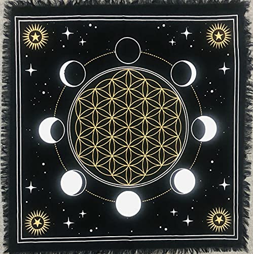 THE ART BOX Altartuch Tarotkarten Servietten Hexereizubehör Schwarzgold Tischdecke Quadrat Alter Pagan Spiritual Celestial Deck Tuch Mit Fransen, Mondkristallgitter, 18x18 Zoll von THE ART BOX