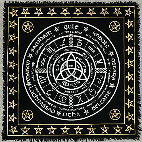 THE ART BOX Altartuch Tarotkarten Servietten Hexereizubehör Schwarzgold Tischdecke Quadratisch spirituelles himmlisches Decktuch mit Fransen, Triquetra Pagan Wheel, 18x18 Zoll von THE ART BOX