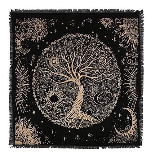 THE ART BOX Altartuch Tarotkarten Tischservietten Hexereizubehör Schwarzgold Tischdecke Quadratisch Alter Pagan Spiritual Celestial Deck Tuch mit Fransen, Baum des Lebens, 90x90 cm von THE ART BOX