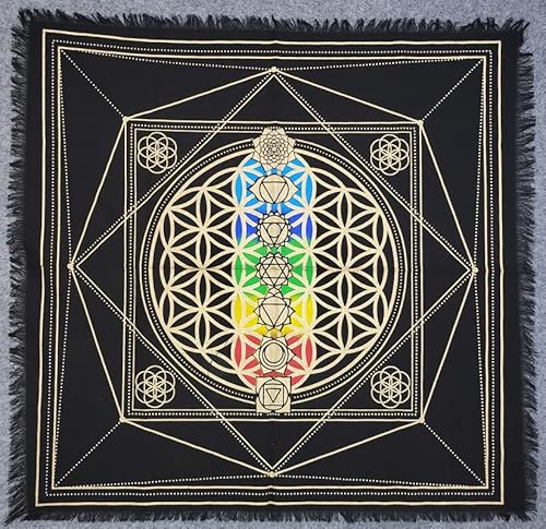 THE ART BOX Altartuch Tarotkarten Tischservietten Hexereizubehör Schwarzgold Tischdecke Quadratisch Alter Pagan Spiritual Celestial Deck Tuch mit Fransen, Metatrons Cube-Multi, 45,7 x 45,7 cm von THE ART BOX