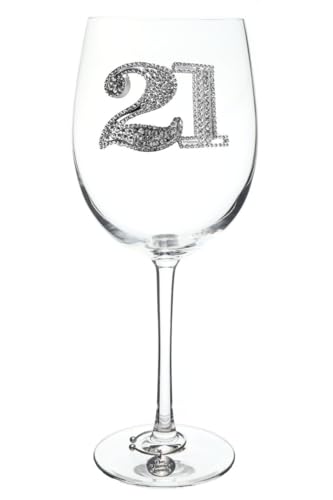 THE QUEENS' JEWELS Weinglas zum 21. Geburtstag, mit Schmucksteinen, 595 ml, einzigartiges Geschenk für Frauen, Geburtstag, niedlich, lustig, nicht bemalt, verziert, glitzernd, verziert, mit Strass von THE QUEENS' JEWELS