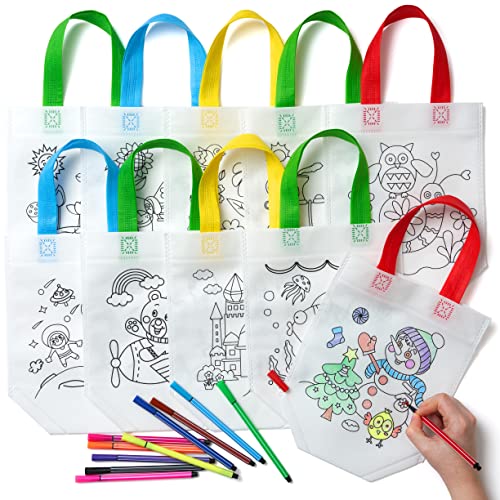 THE TWIDDLERS 10 Stoffbeutel zum Bemalen für Kinder + 10 Filzstifte - Kreatives Mitgebsel für Kindergeburtstag - DIY Stofftaschen/Geschenktüten (25x22cm) Bastel-Set von THE TWIDDLERS