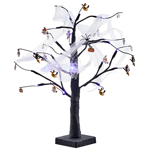 THE TWIDDLERS Schwarzer Glitzer Halloween Baum (61cm) mit Spinnweben, Lila LED-Lichtern & 24 Stück Baumschmuck Anhänger – Halloween Party Tischdekoration von THE TWIDDLERS