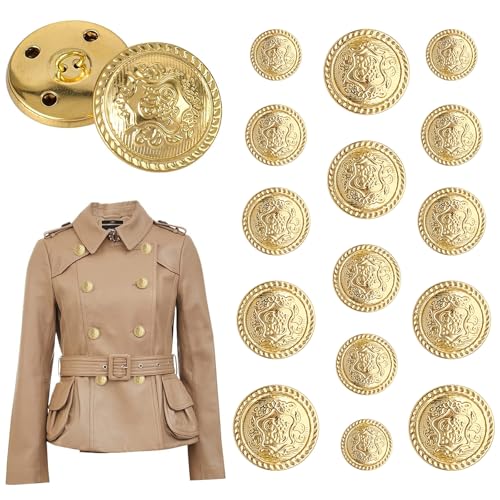 THETAG Golden Knöpfe, 50 Stück Metall Blazer Knöpfe Set Vintage Antike Blazer Knöpfe 15mm 18mm 23mm 25mm 30mm Gold Kleidung Wappen Metallknöpfe für Blazer Anzüge Uniform und Jacke 10PCS/Größe von THETAG