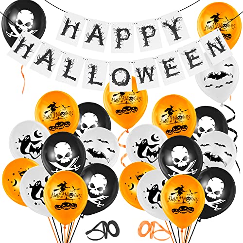 Ballon Halloween Deko 18PCS, Halloween Luftballon Girlande,HAPPY HELLOWEEN Girlande Banner,Halloween Deko Horror,Luftballons Schädel,Hexen,Weißer Katzen,für Grusel Party Garten halloween Dekoration von THEXIU