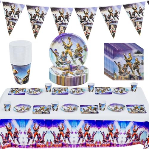 Spiel Party Geschirr Set, 71Pcs Kind Spiel Partyzubehör Set, Video Gaming Thema Partygeschirr, Kinderpartyset Serviert,Enthalten Videospiel Party Teller Tassen Servietten Tischdecke, für20 Personen von THEXIU