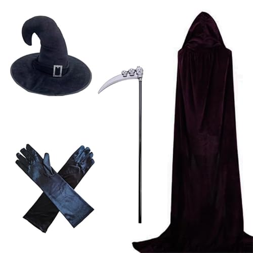 THINCAN Hooded Velvets Cloak for Halloween Party Adult Cosplay Witch Cape and Scythe Set von THINCAN