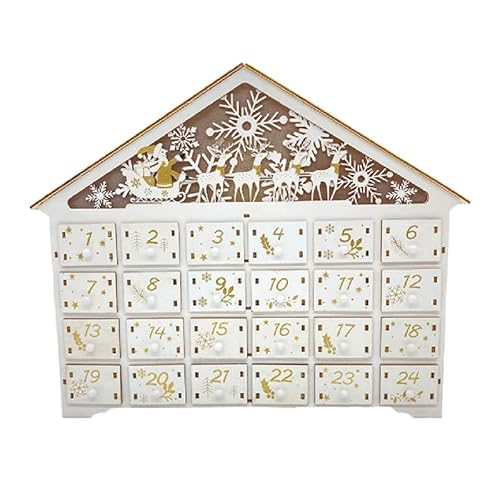 Weihnachts-Adventskalender mit Holzhaus, LED-beleuchtete Schneeflocken-Rentier-Szene, Countdown-Ornament mit großer Schubladenbox von THINCAN