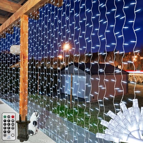 6 x 2 m 408 LED Lichtervorhang Kristall für Außen Innen, Lichterketten Vorhang mit Stecker, Fenster Lichterkette Weihnachten wasserdichte mit Timer für St patricks day Hochzeit Party(weiß) von THKFUL