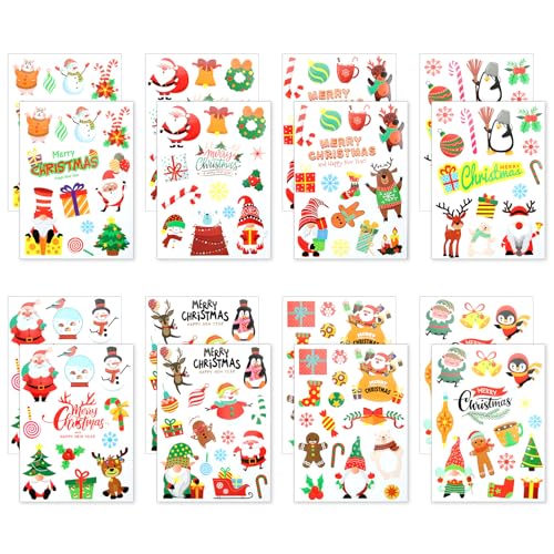 Aufkleber Weihnachten, 16 Blätter Weihnachtssticker Selbstklebend Weihnachtsaufkleber für Papiertüten Christmas Stickers Kinder Motiv Tannenbaum Schneemann Weihnachts Sticker für Geschenk von THKO