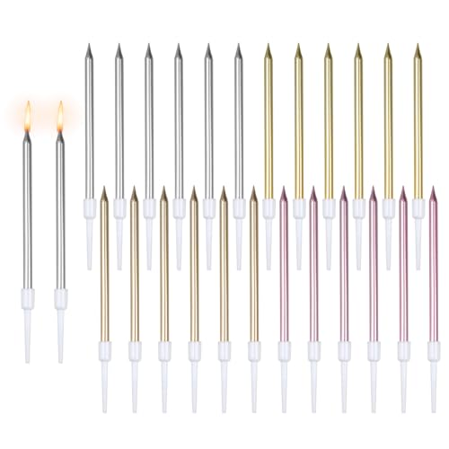 THKO Geburtstagskerzen Lange 24 Pcs: Metallisch Kuchenkerze Geburtstag Mehrfarbig - Kerzen Geburtstag Erwachsene - Geburtstagskerzen Kinder - Birthday Candles Gold/Rosegold/Silber/Champagner von THKO