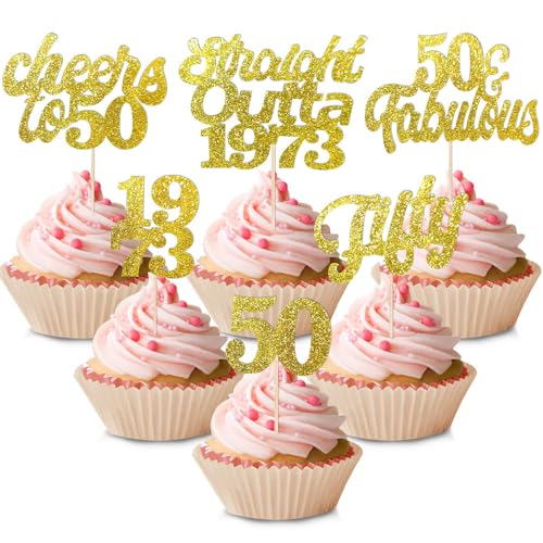 24 Stück 50. Geburtstag Cupcake Topper, Tortendeko 50 Geburtstag Gold, Happy 50th Birthday Tortendeko, Cake Topper 50 Geburtstag von 1974, 50 Jahre Geburtstag Kuchendeko für Frauen Männer von THMSLYN