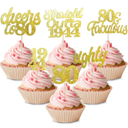 24 Stück 80. Geburtstag Cupcake Topper, Tortendeko 80 Geburtstag Gold, Happy 80th Birthday Tortendeko, Cake Topper 80 Geburtstag von 1944, 80 Jahre Geburtstag Kuchendeko für Frauen Männer von THMSLYN