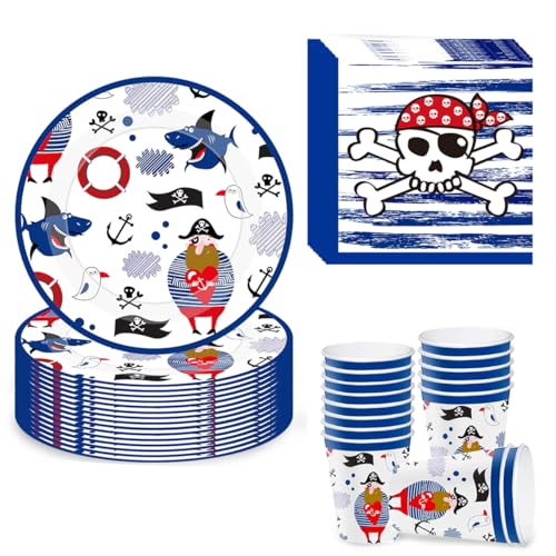 THMSLYN Partygeschirr Set, Piratenschiff Party Pappteller für 16 Gäste, Partygeschirr Set mit Papierteller Becher Servietten, Pappteller Kindergeburtstag Set für Geburtstagsdeko Junge Mädchen Partys von THMSLYN