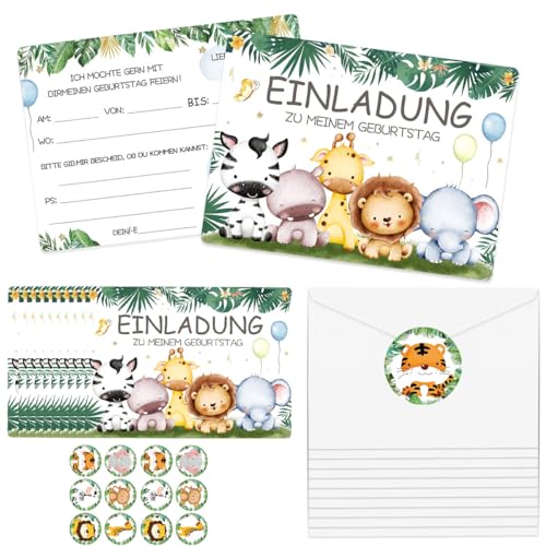 THMSLYN 12 Stück Einladungskarten für Kindergeburtstag, Geburtstag Einladung mit Tiermotive, Kinder Einladungskarten mit Umschlag Runder Aufkleber, Geburtstag Party Einladung für Mädchen und Jungen von THMSLYN