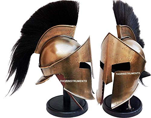 Mittelalterlicher Rüstung König Leonidas griechischer Spartaner 300 römischer Helm mit schwarzem Holzständer, schwarze Feder, rustikale Vintage-Heimdekoration, Geschenke von THOR INSTRUMENTS