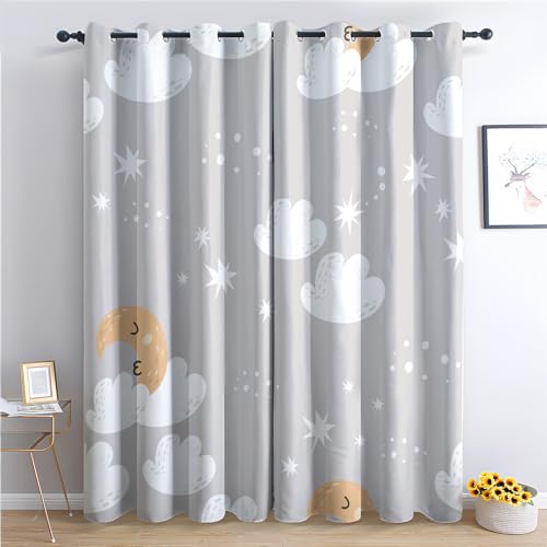 THYUNQ Vorhänge Mond Wolken Sterne Motiv, Vorhang Blickdicht Verdunklungsvorhänge Thermovorhang mit Ösen, Gardinen Wohnzimmer Schlafzimmer Fenster, 2er Set Curtains, H 300 x B 140 cm von THYUNQ