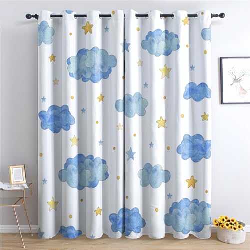 THYUNQ Vorhänge Wolken Sterne Motiv, Vorhang Blickdicht Verdunklungsvorhänge Thermovorhang mit Ösen, Gardinen Wohnzimmer Schlafzimmer Fenster, 2er Set Curtains, H 300 x B 140 cm von THYUNQ