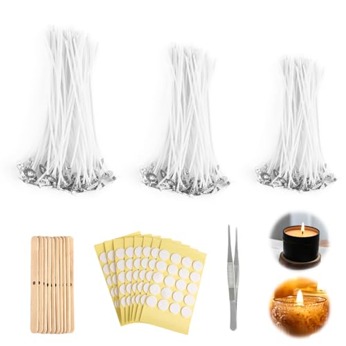 150 Stück Kerzendocht, Cotton Dochte für Kerzen, 10/12/15cm Kerzendochte für Kerzen, Rauchfrei Candle Wick mit Dochthalter, Aufkleber und Pinzette für Aromatherapie Kerzen von TIANCONGYUN