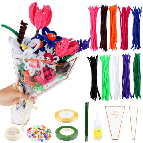 200 Stück Pfeifenputzer zum Basteln, 10 Farben Pfeifenreiniger, Pipe Cleaner, Pfeifenreiniger Blumen mit Blumenstraußtüten, Geschenkbänder, Metallperlen, Klebeband zum Basteln und Dekorieren von TIANCONGYUN