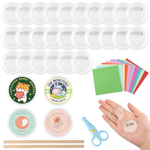 30 Stück Buttons Selber Machen Ohne Buttonmaschine mit Anstecknadel, 38mm Buttons Anstecker Selber Machen für Bild, Foto, Transparente DIY Pins Anstecker mit Farbiges Papier*100,Schere*1,Bleistiften*2 von TIANCONGYUN